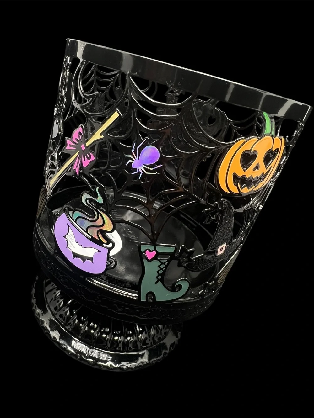 Halloween Witch Decorative Candle Holder - Black with Orange, Purple & Green